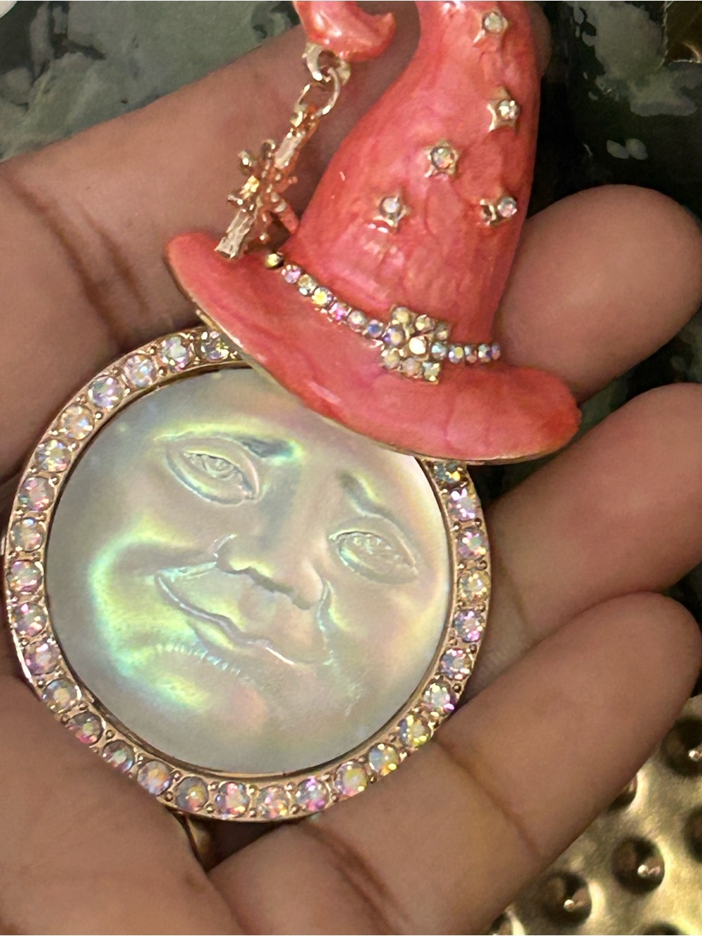 Moon Face Pendant Necklace in Coral Pink